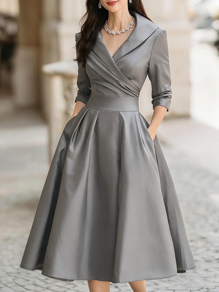 Shawl Collar Wrap Bodice Pleated Satin Midi Cocktail Dress in Grey