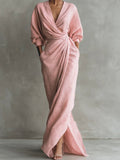 V-Neck Draped Wrap Long-Sleeve Maxi Occasion Dress in Pink