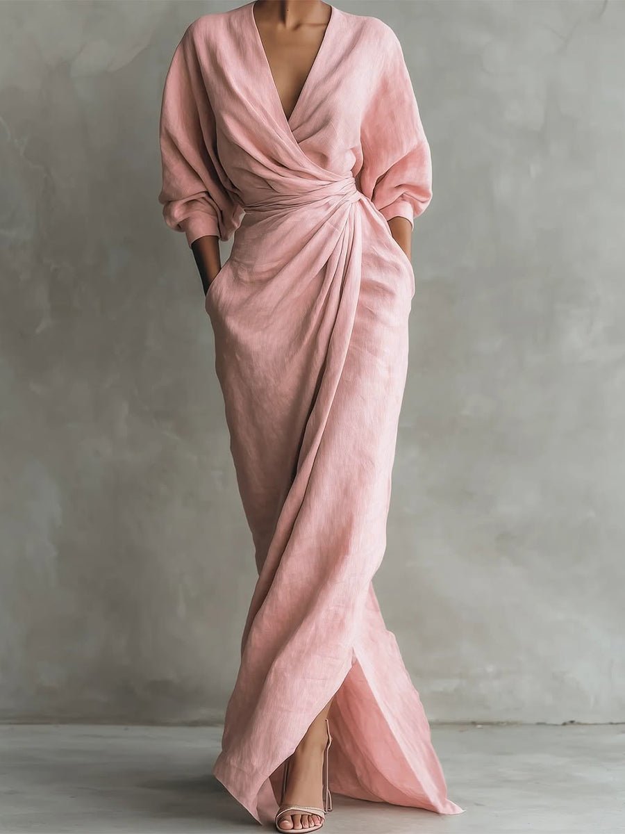 V-Neck Draped Wrap Long-Sleeve Maxi Occasion Dress in Pink