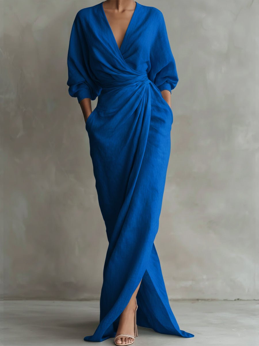 V-Neck Draped Wrap Long-Sleeve Maxi Occasion Dress in Blue