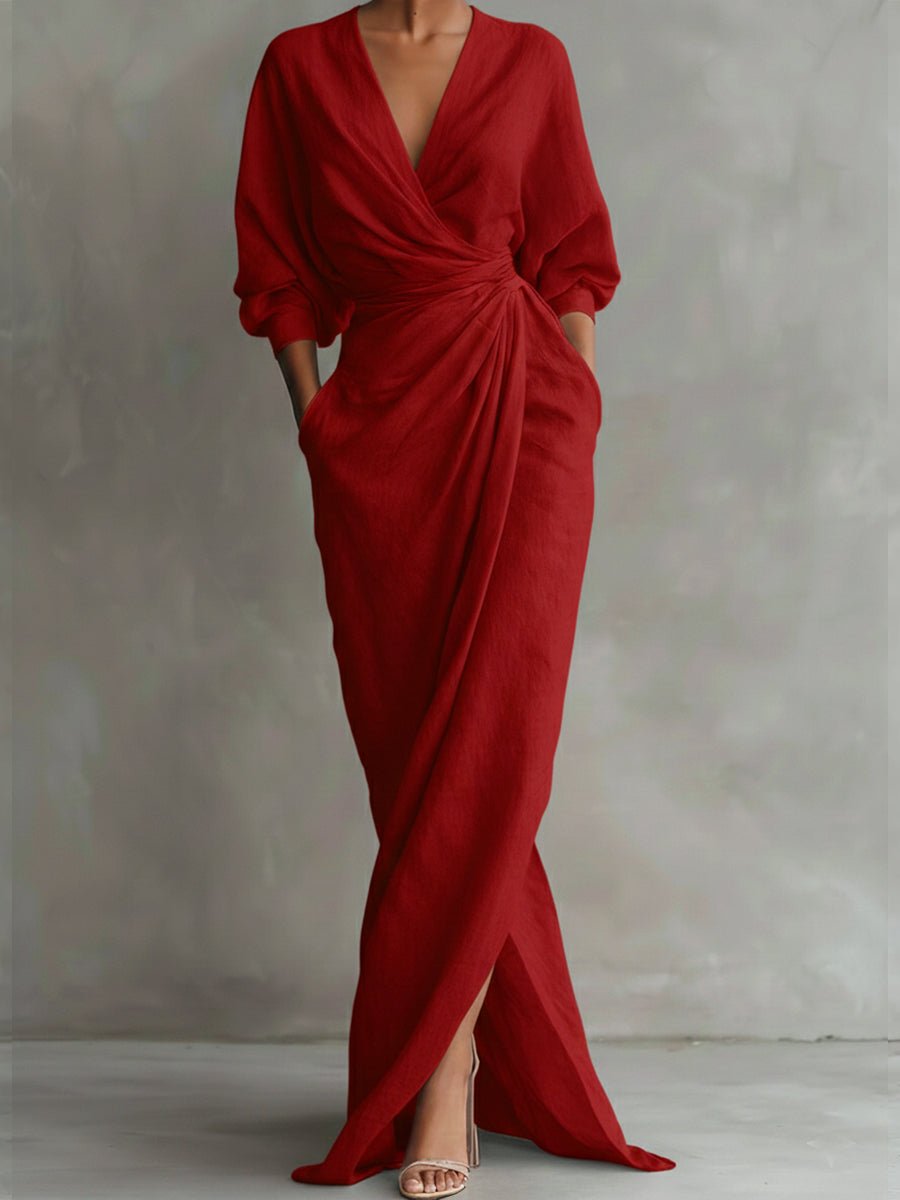 V-Neck Draped Wrap Long-Sleeve Maxi Occasion Dress in Red