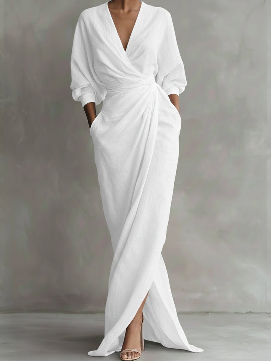 V-Neck Draped Wrap Long-Sleeve Maxi Occasion Dress in White