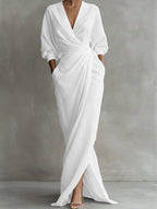 V-Neck Draped Wrap Long-Sleeve Maxi Occasion Dress in White