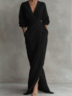 V-Neck Draped Wrap Long-Sleeve Maxi Occasion Dress in Black