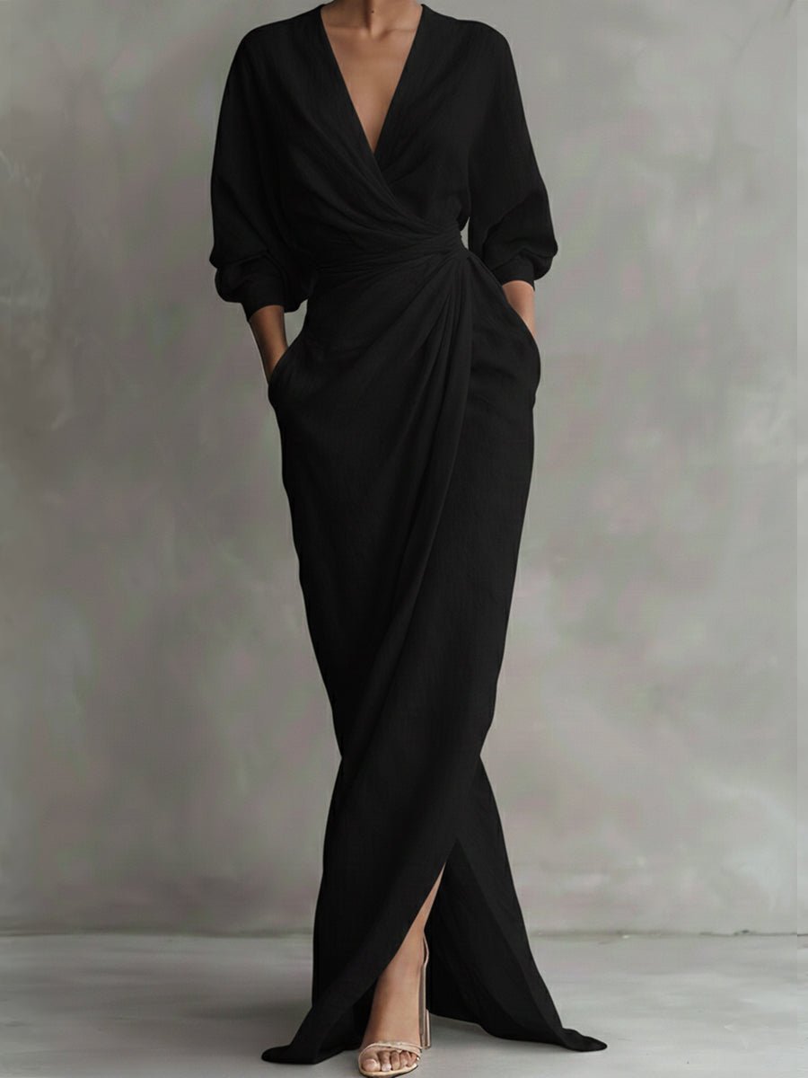 V-Neck Draped Wrap Long-Sleeve Maxi Occasion Dress in Black