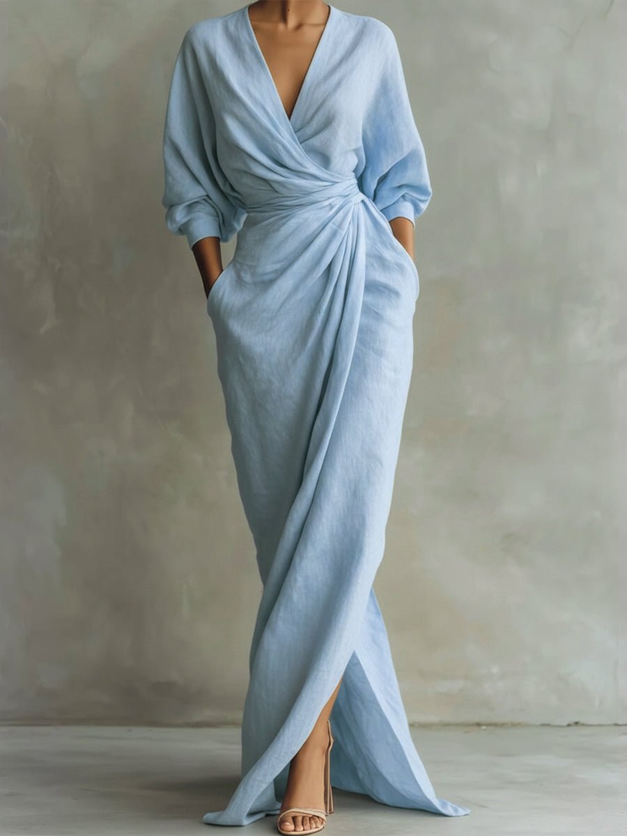 V-Neck Draped Wrap Long-Sleeve Maxi Occasion Dress in Light Blue