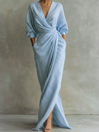 V-Neck Draped Wrap Long-Sleeve Maxi Occasion Dress in Light Blue