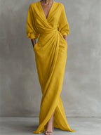V-Neck Draped Wrap Long-Sleeve Maxi Occasion Dress in Yellow